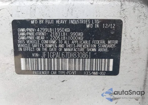 2013 Subaru Impreza 2.0I Sport Premium из США, поврежденный, VIN JF1GPAL67DH830861